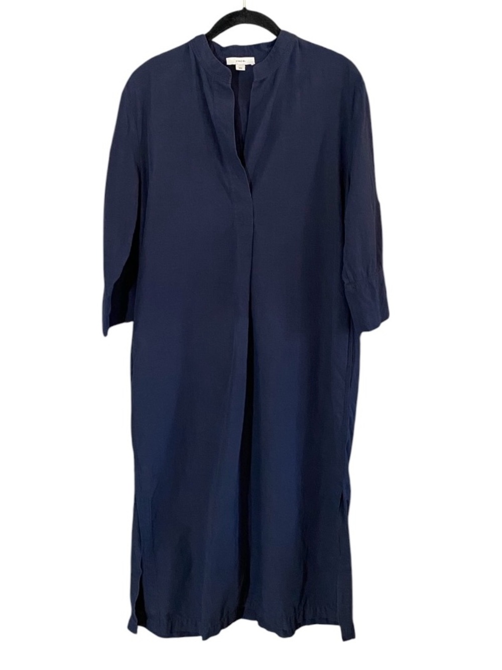 Vince Band Collar Cotton Linen Midi Shirt Dress M Navy Blue Coastal Minimalist